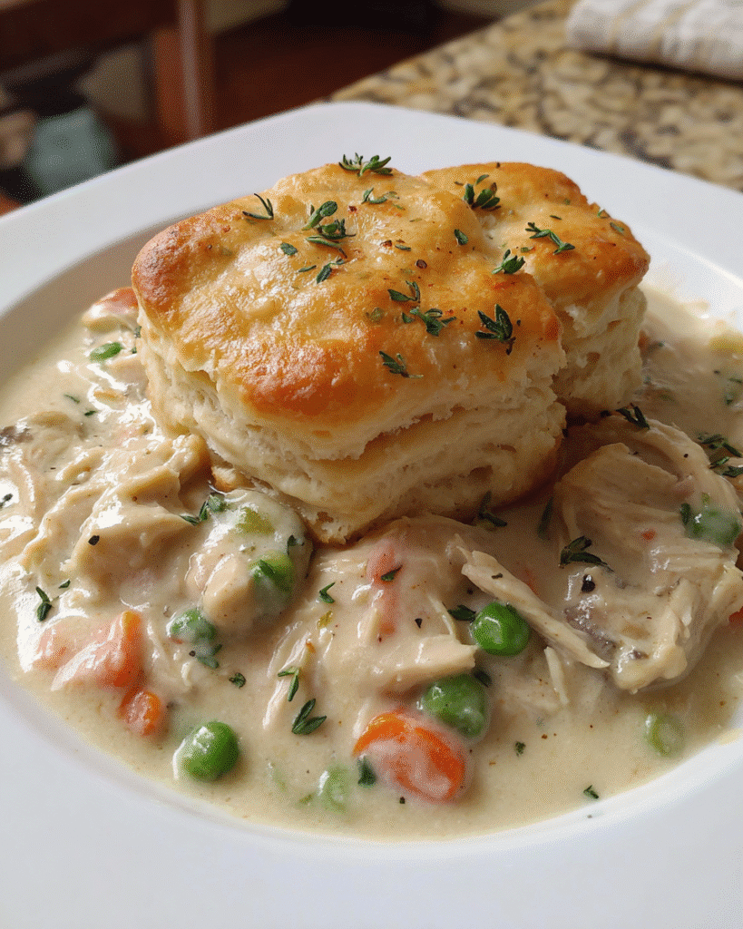 Creamy Garlic Chicken Biscuit Bake in a white baking dish with golden brown biscuits on top.