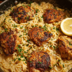 Creamy garlic chicken orzo skillet with Parmesan and herbs