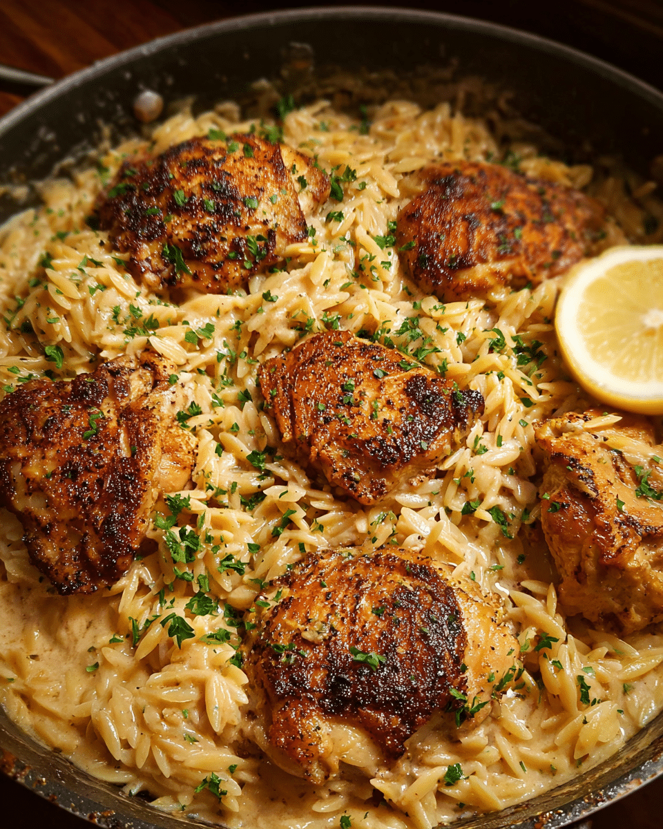 Creamy garlic chicken orzo skillet with Parmesan and herbs