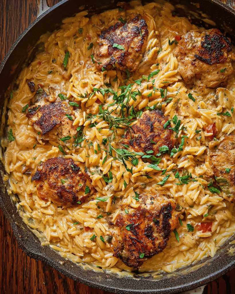 Creamy garlic chicken orzo skillet with Parmesan and herbs