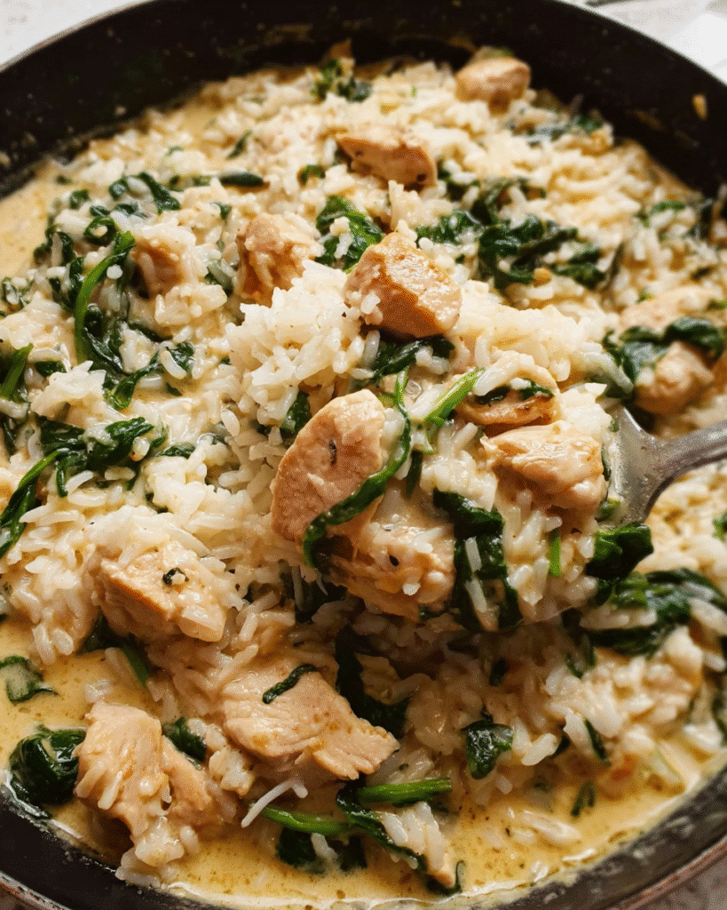Creamy garlic chicken rice skillet in a cast iron pan