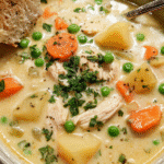 Creamy garlic chicken and potato soup in a bowl with parsley garnish