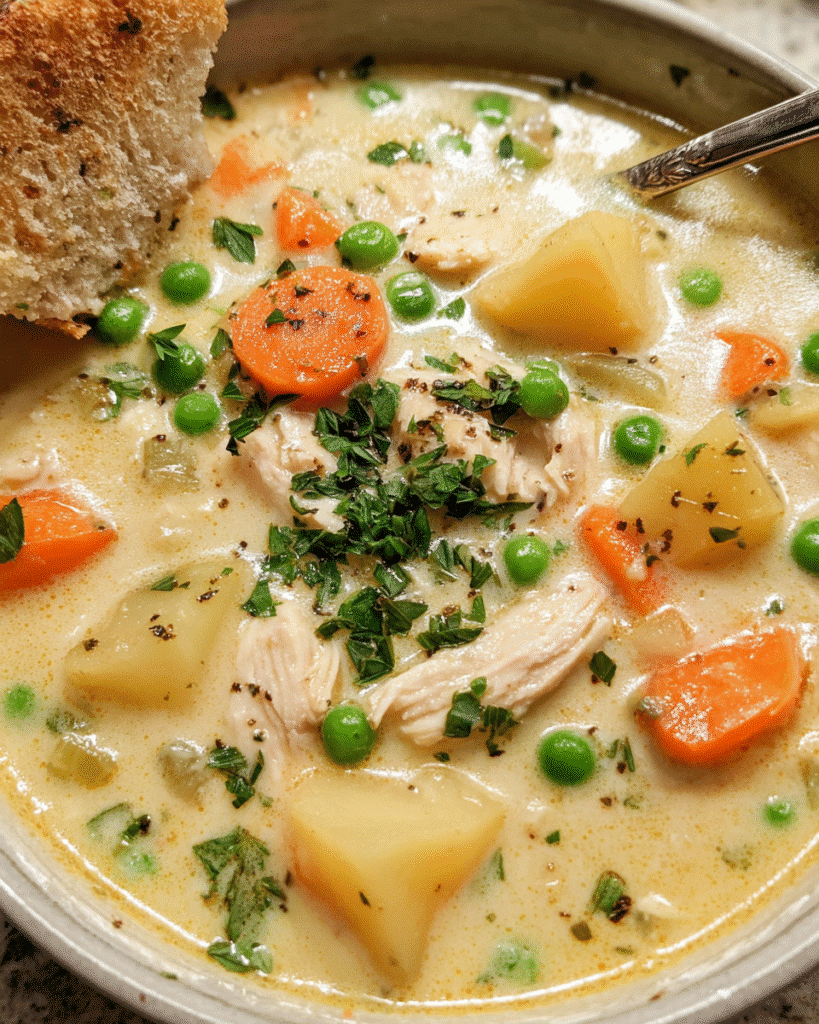 Creamy garlic chicken and potato soup in a bowl with parsley garnish