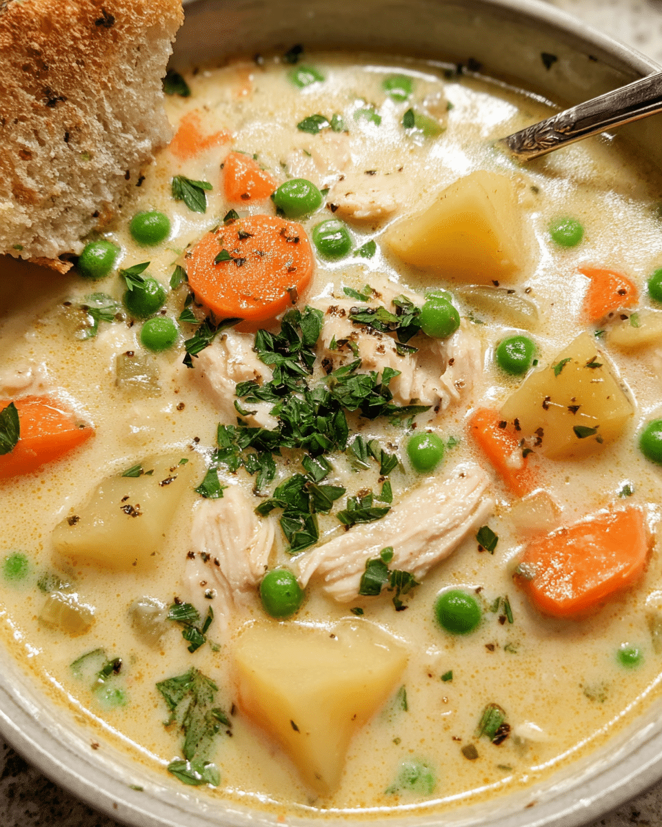 Creamy garlic chicken and potato soup in a bowl with parsley garnish