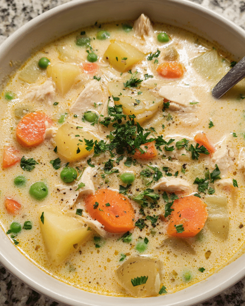 Creamy garlic chicken and potato soup in a bowl with parsley garnish
