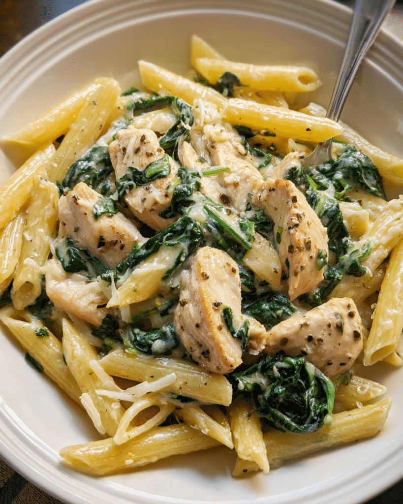 Creamy garlic chicken and spinach pasta served in a skillet
