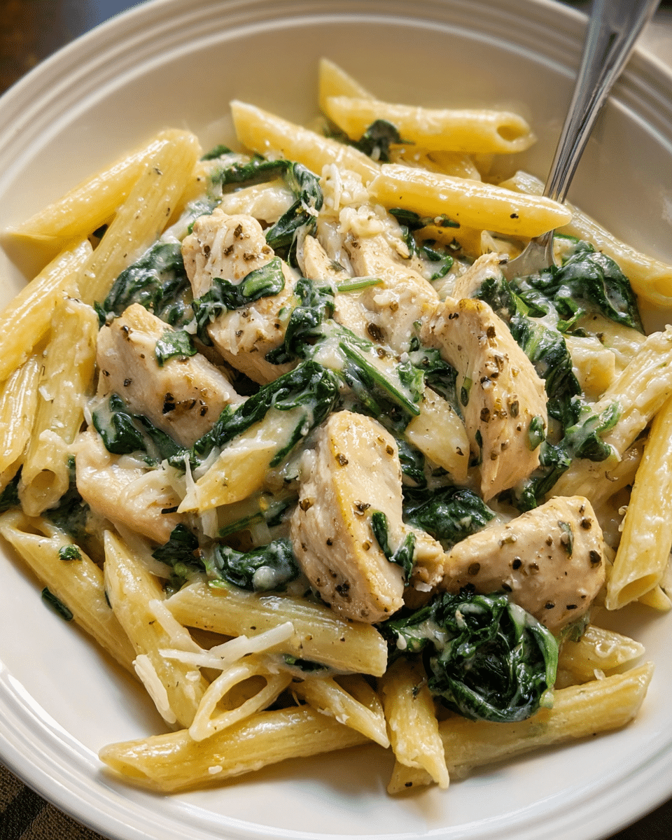 Creamy garlic chicken and spinach pasta served in a skillet
