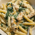 Creamy garlic chicken and spinach pasta served in a skillet