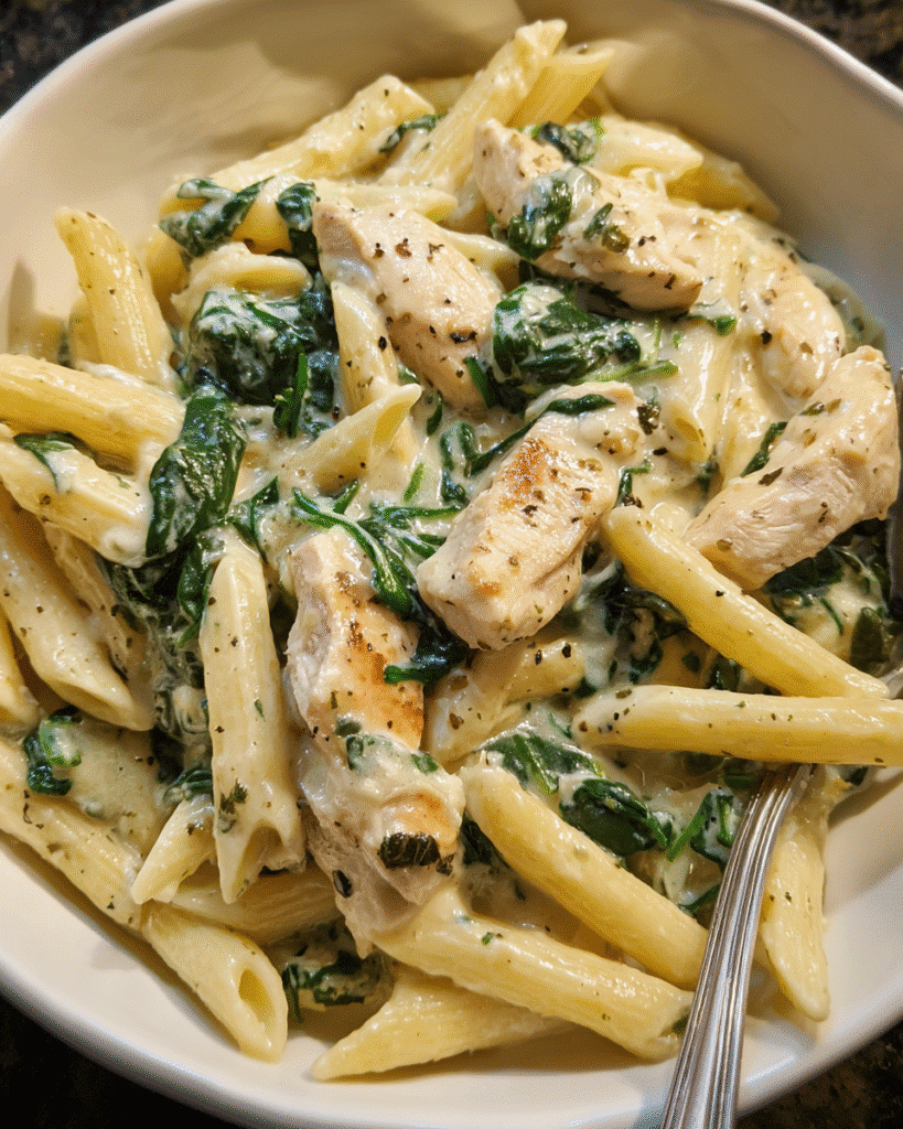 Creamy garlic chicken and spinach pasta served in a skillet