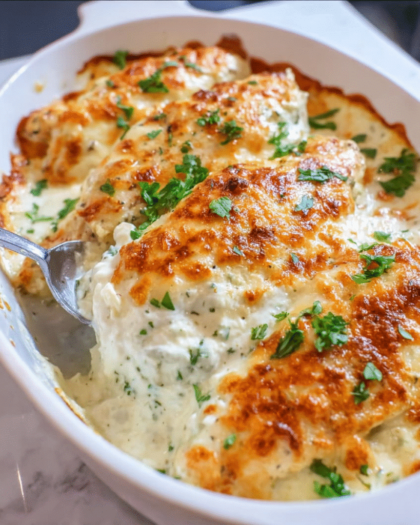 Creamy Garlic Parmesan Chicken Bake with cheese topping