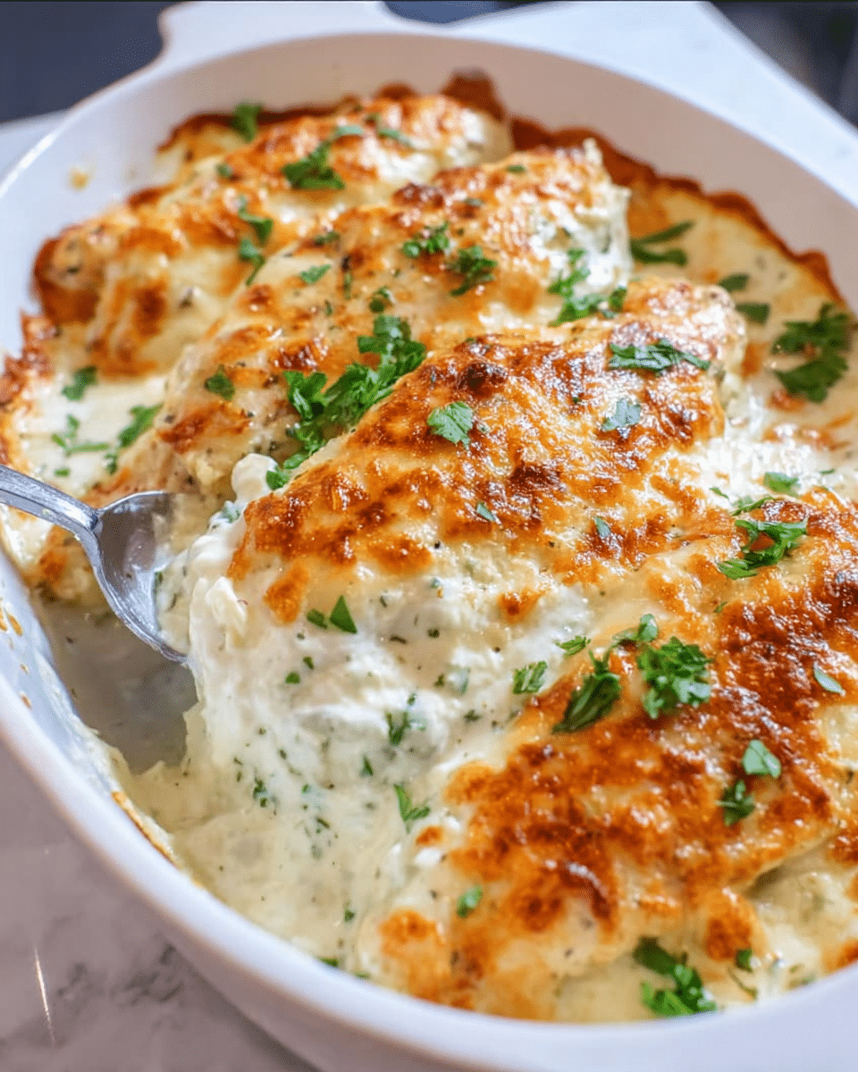 Creamy Garlic Parmesan Chicken Bake with cheese topping