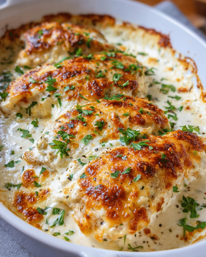Creamy Garlic Parmesan Chicken Bake with cheese topping