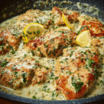 Creamy Lemon Chicken Skillet with herbs and Parmesan in a pan