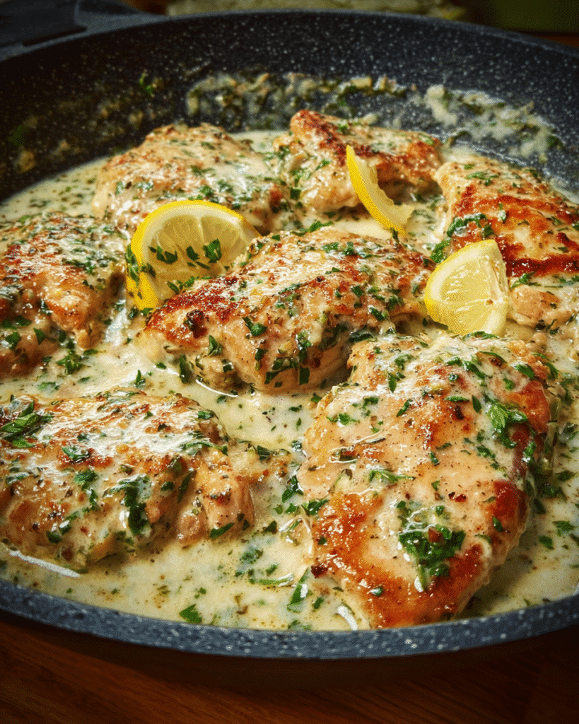 Creamy Lemon Chicken Skillet with herbs and Parmesan in a pan