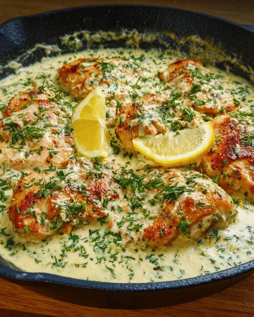 Creamy Lemon Chicken Skillet with herbs and Parmesan in a pan