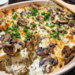Creamy Mushroom Chicken Bake in a white casserole dish