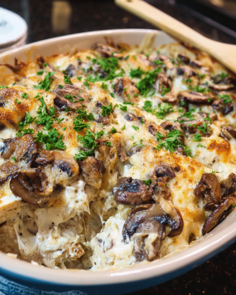 Creamy Mushroom Chicken Bake in a white casserole dish