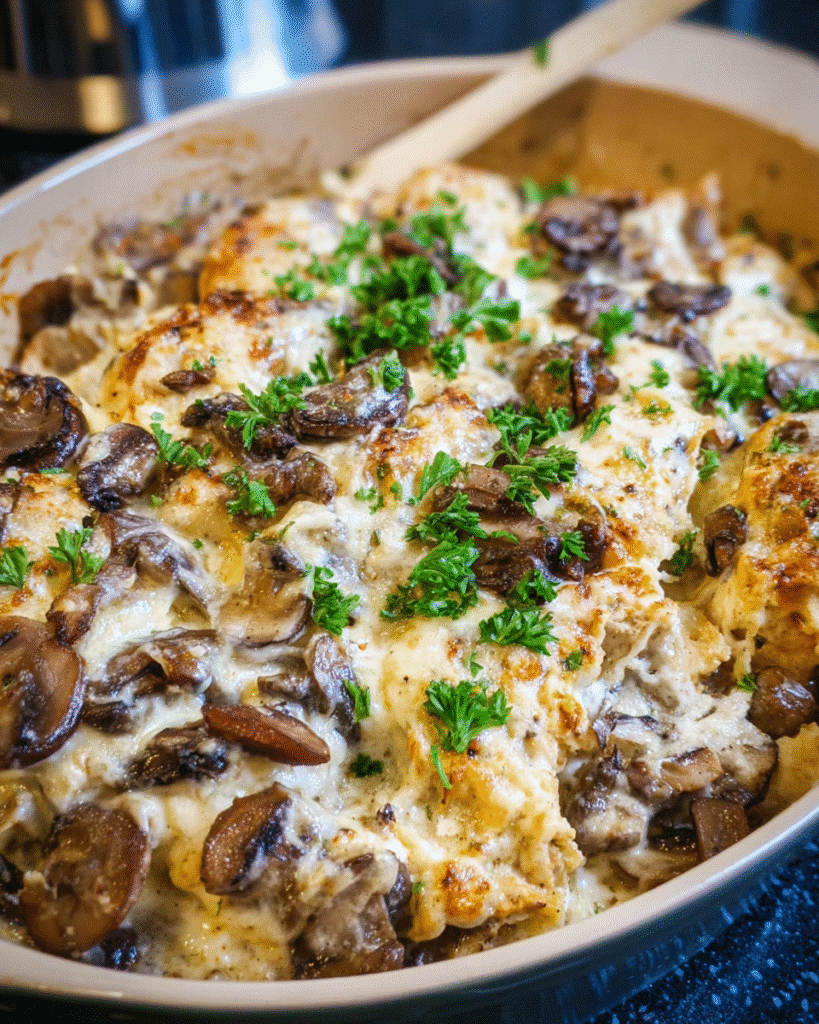 Creamy Mushroom Chicken Bake in a white casserole dish