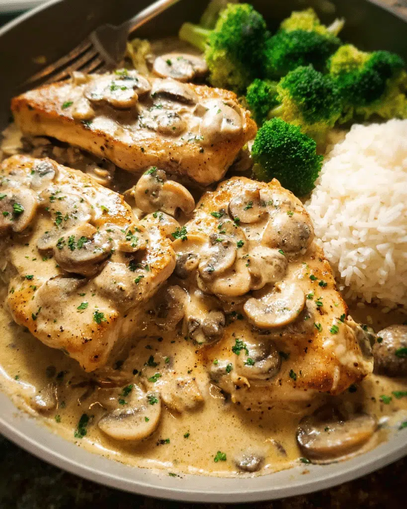 Creamy mushroom chicken skillet with mushrooms and sauce