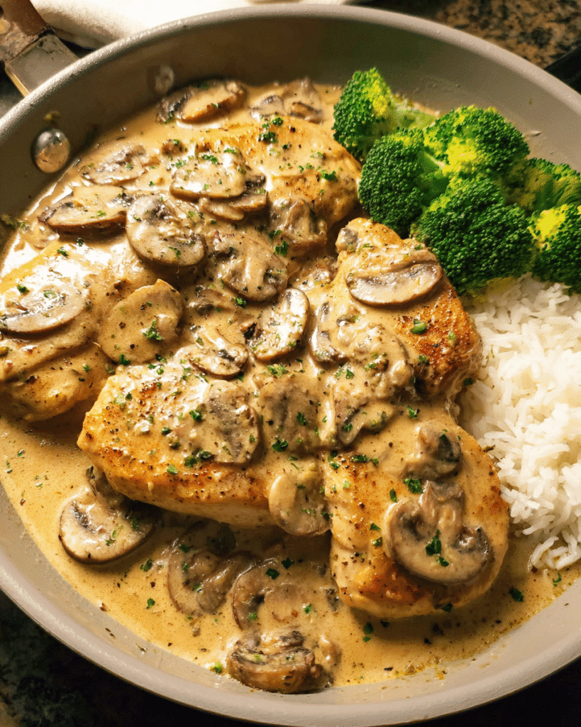 Creamy mushroom chicken skillet with mushrooms and sauce