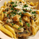 Creamy mushroom turkey pasta with penne in a rich Parmesan sauce