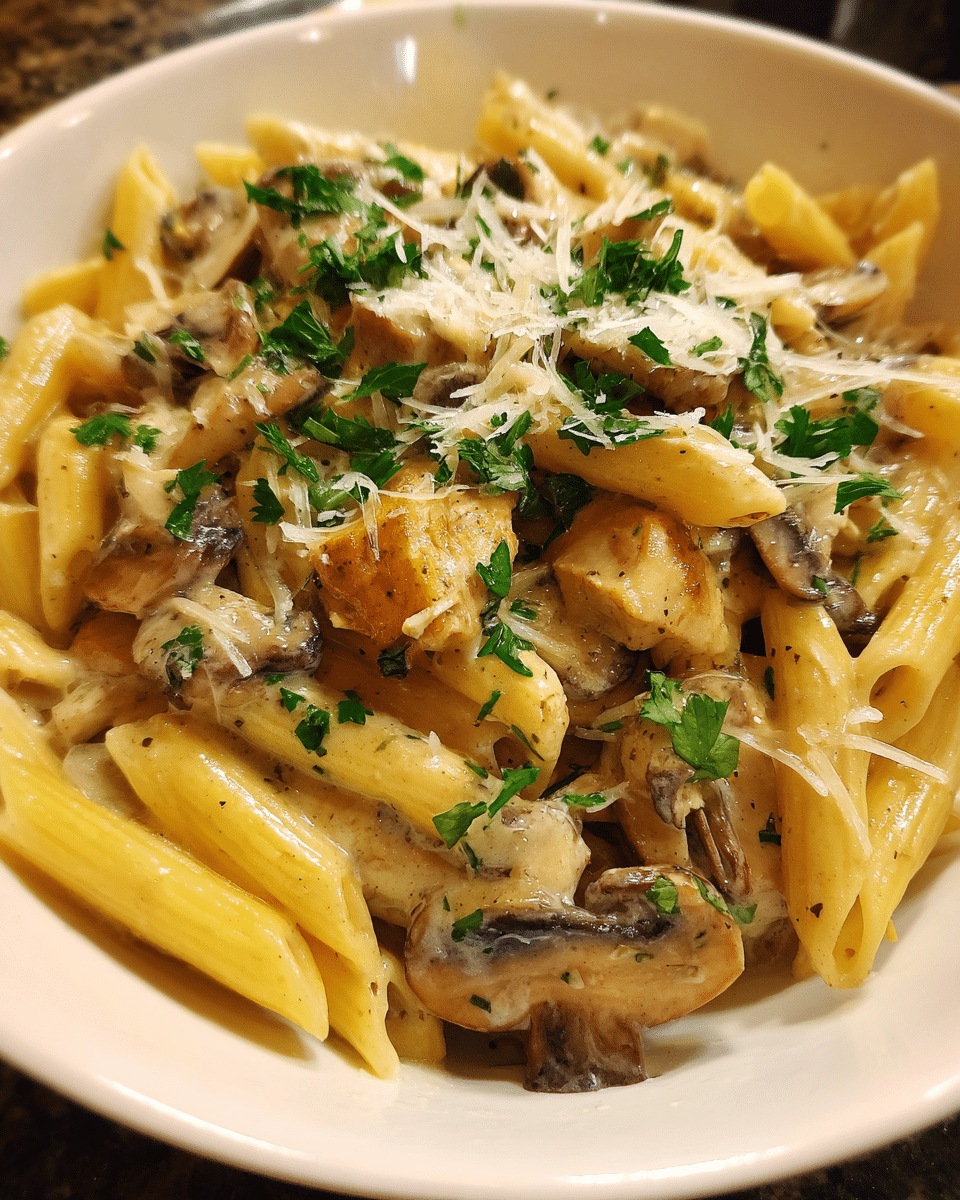 Creamy mushroom turkey pasta with penne in a rich Parmesan sauce