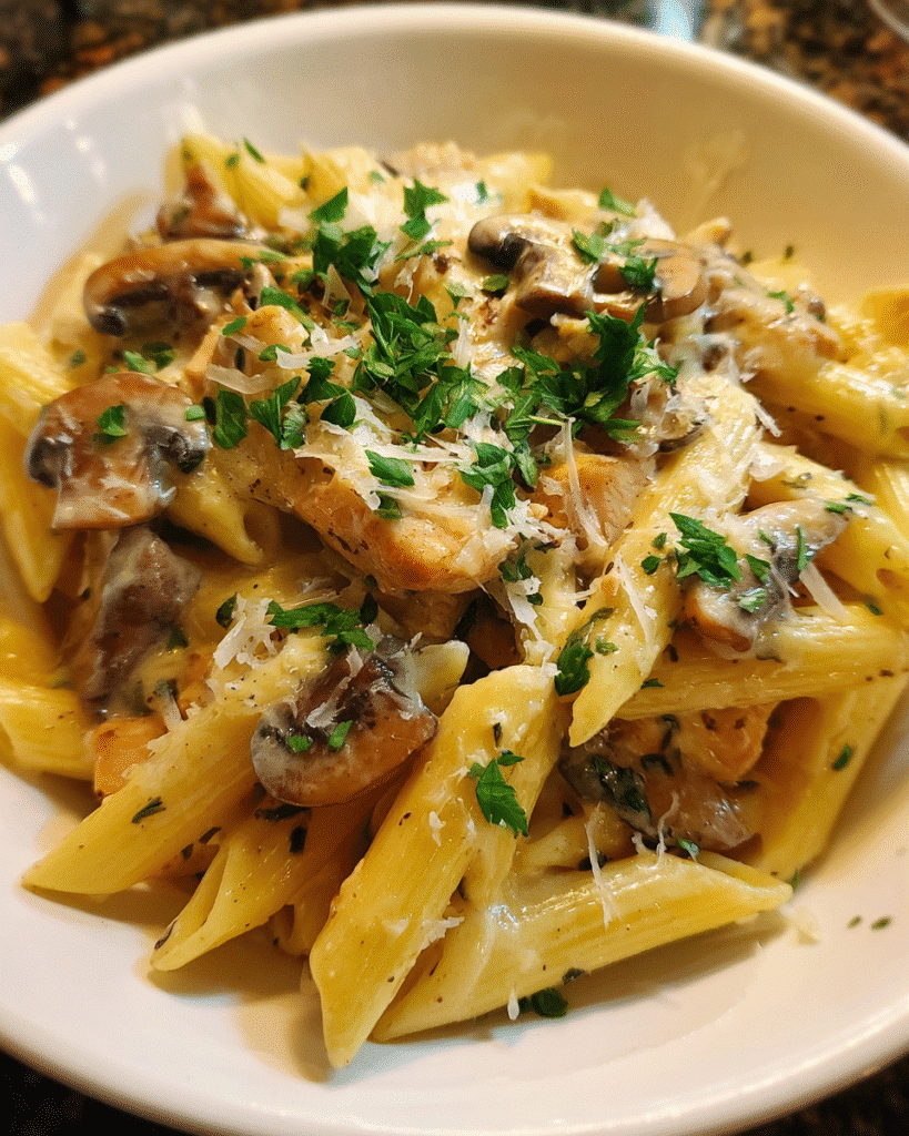 Creamy mushroom turkey pasta with penne in a rich Parmesan sauce