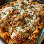 Creamy Parmesan Chicken Pasta Bake with crispy chicken and melted cheese