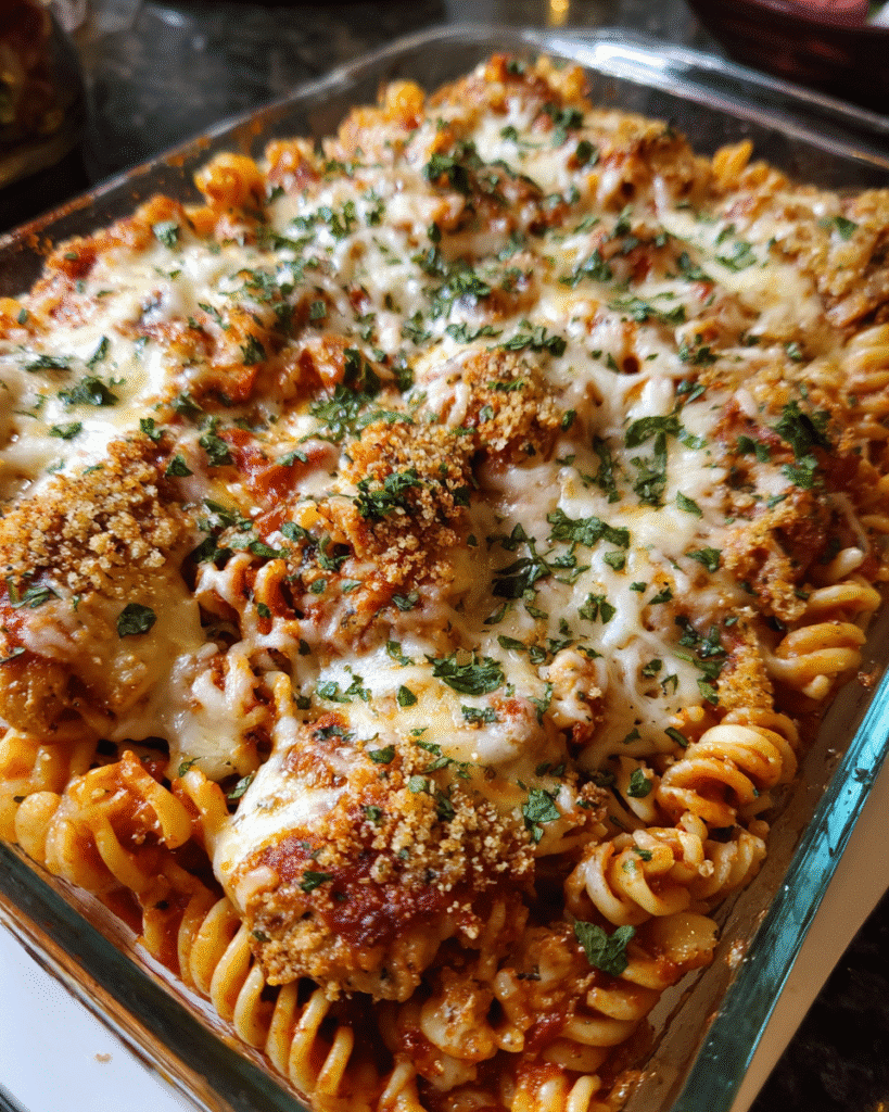 Creamy Parmesan Chicken Pasta Bake with crispy chicken and melted cheese