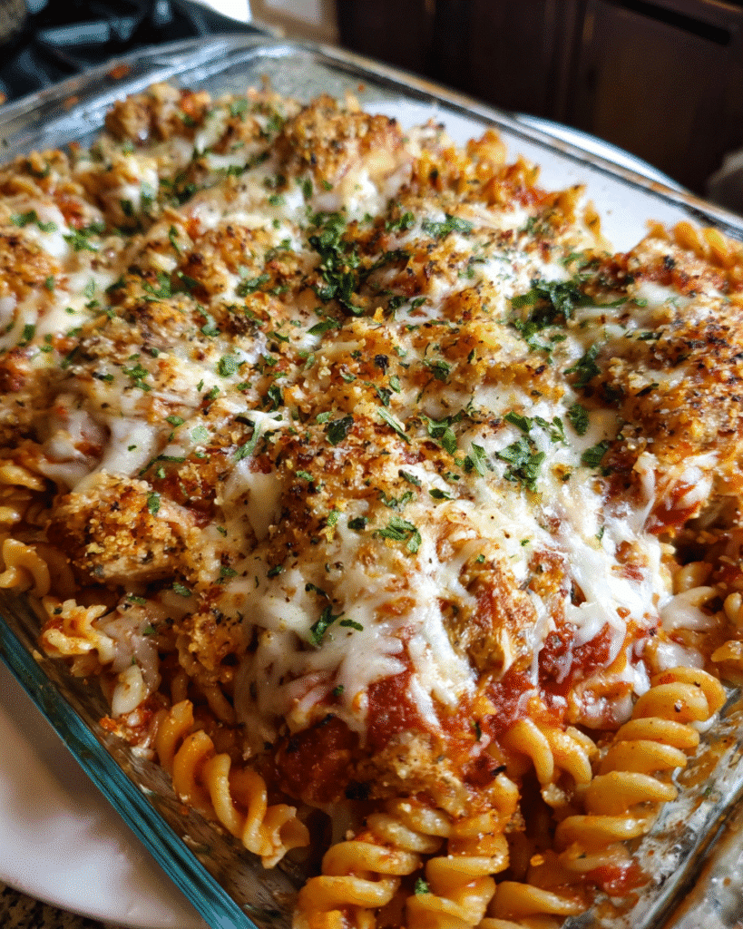 Creamy Parmesan Chicken Pasta Bake with crispy chicken and melted cheese