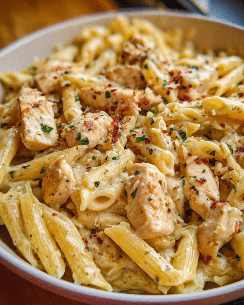 Creamy Ranch Chicken Pasta in a skillet with cheese and herbs