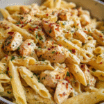 Creamy Ranch Chicken Pasta in a skillet with cheese and herbs