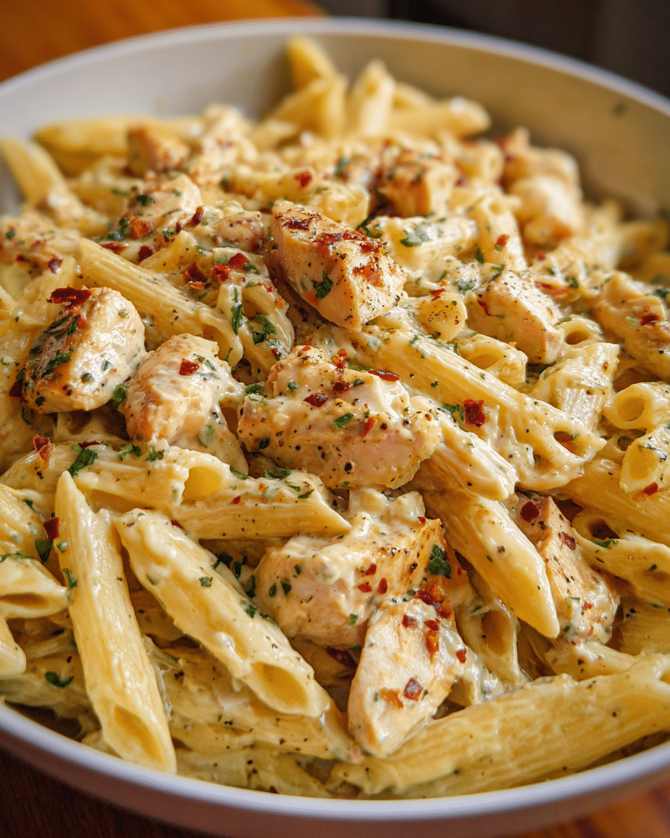 Creamy Ranch Chicken Pasta in a skillet with cheese and herbs