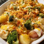 Creamy Ranch Chicken Potato Casserole in baking dish with golden cheesy crust