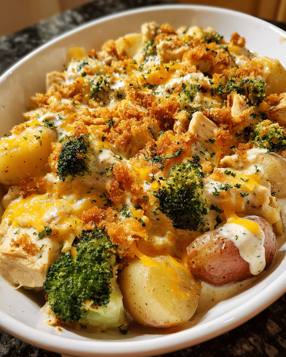 Creamy Ranch Chicken Potato Casserole in baking dish with golden cheesy crust