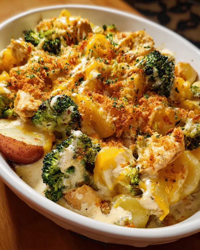 Creamy Ranch Chicken Potato Casserole in baking dish with golden cheesy crust