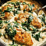 Creamy spinach chicken skillet in pan with fresh spinach and garlic cream sauce