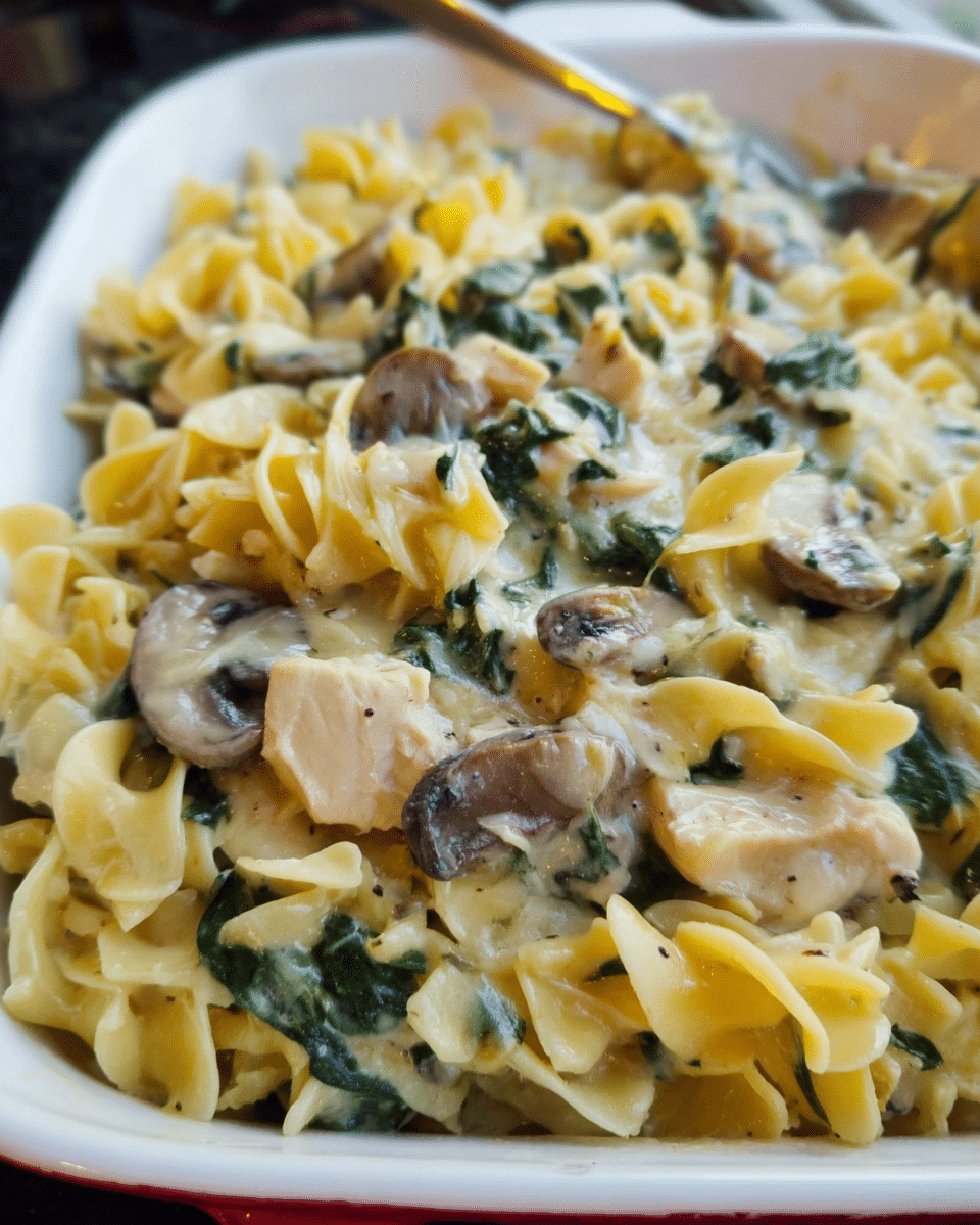Creamy spinach and mushroom chicken bake fresh out of the oven
