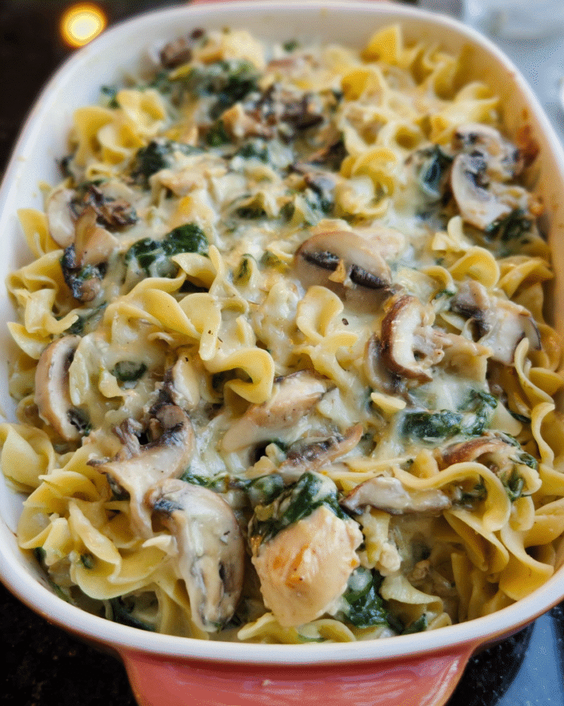 Creamy spinach and mushroom chicken bake fresh out of the oven