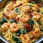 Creamy sun-dried tomato shrimp pasta in a skillet with spinach and linguine