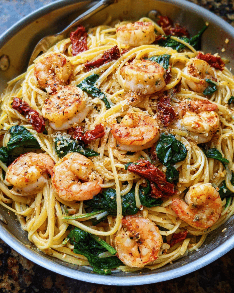 Creamy sun-dried tomato shrimp pasta in a skillet with spinach and linguine