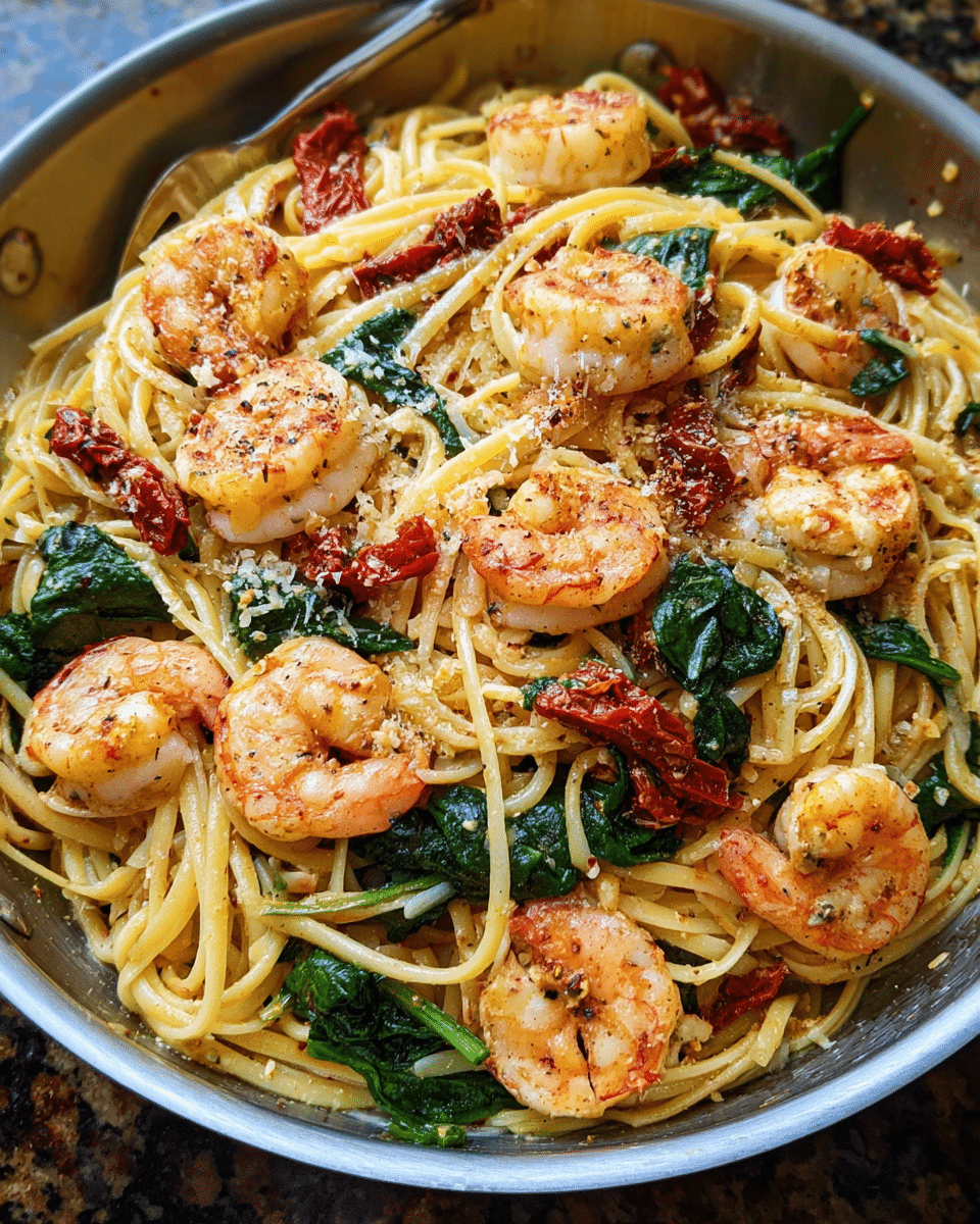Creamy sun-dried tomato shrimp pasta in a skillet with spinach and linguine