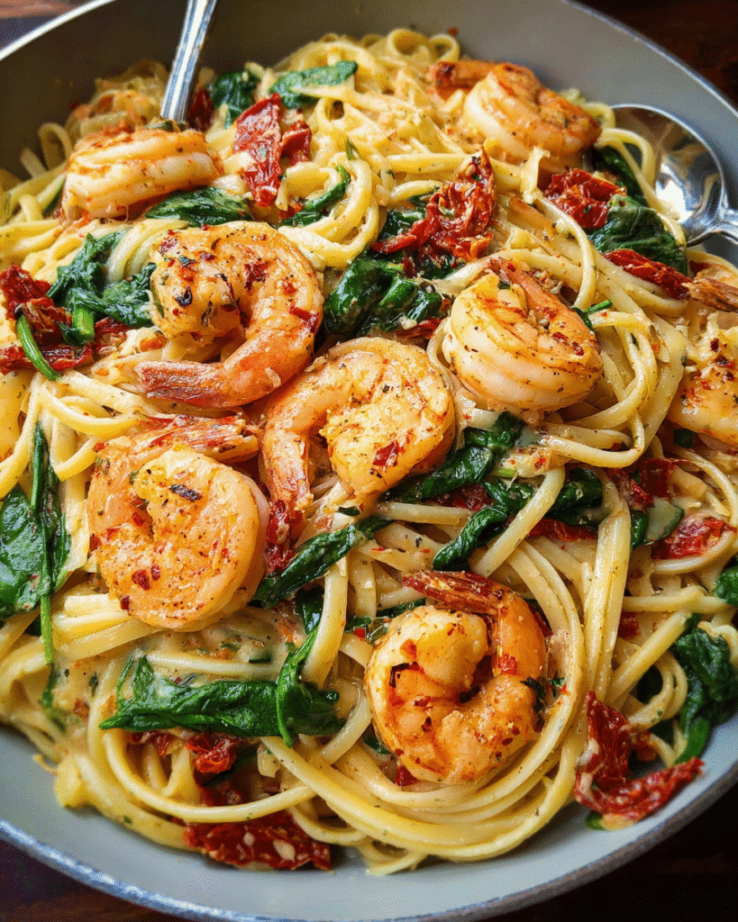 Creamy sun-dried tomato shrimp pasta in a skillet with spinach and linguine