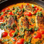 Creamy tomato basil chicken skillet served with spinach and fresh herbs