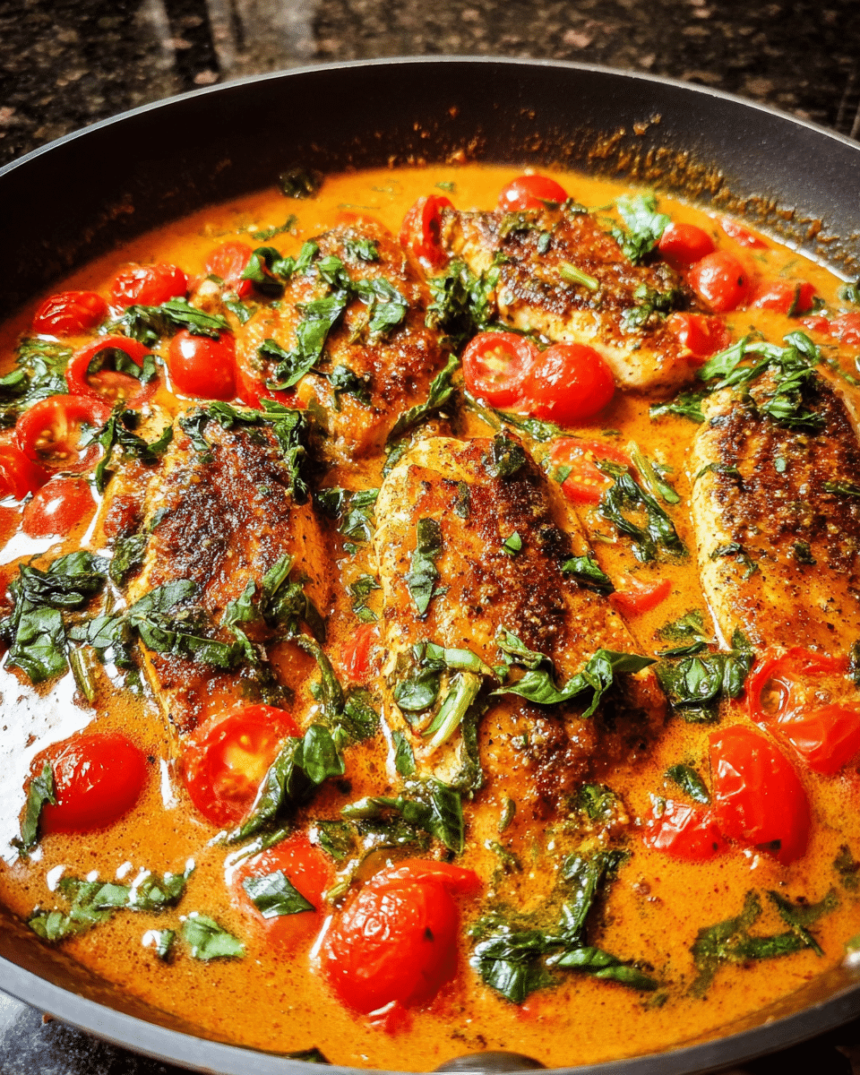 Creamy tomato basil chicken skillet served with spinach and fresh herbs