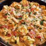 Creamy Tomato Chicken Tortellini and Bacon in skillet