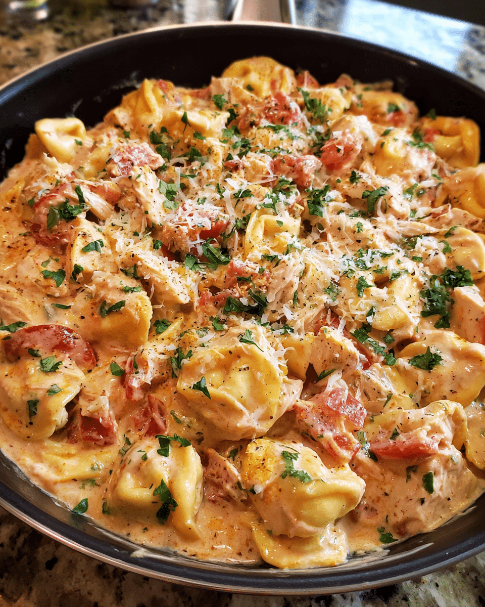 Creamy Tomato Chicken Tortellini and Bacon in skillet