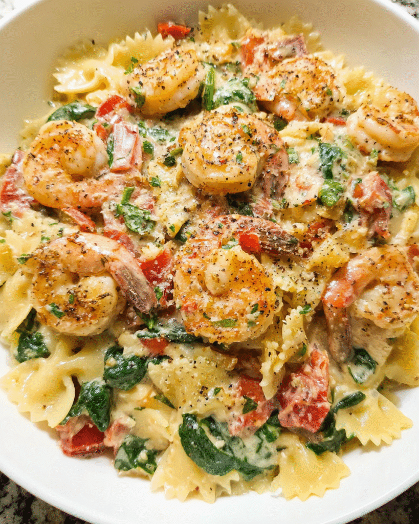 Creamy Tuscan Shrimp Pasta with Spinach and Tomatoes