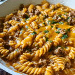 Easy cheeseburger pasta skillet with ground beef, cheddar cheese, and rotini pasta in a one-pan skillet