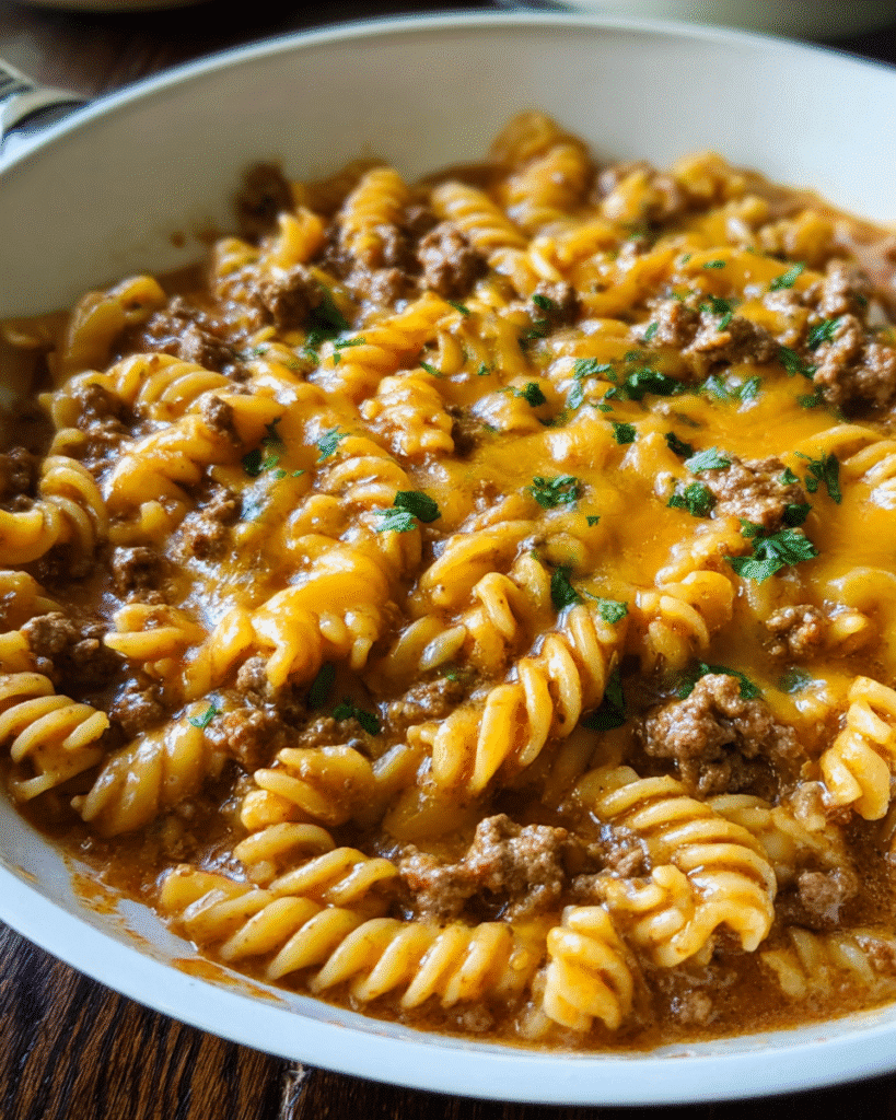 Easy cheeseburger pasta skillet with ground beef, cheddar cheese, and rotini pasta in a one-pan skillet